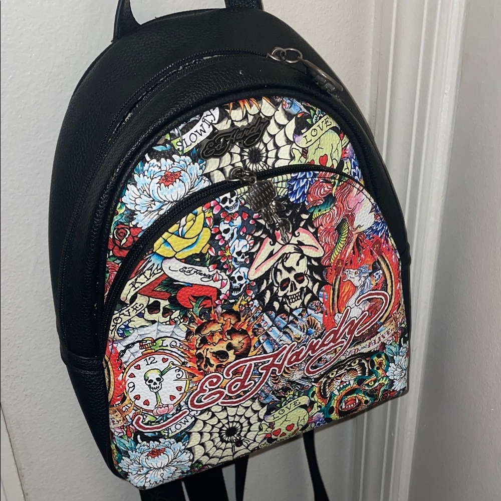 Ed Hardy Black Backpack with Colorful Tattoo Art